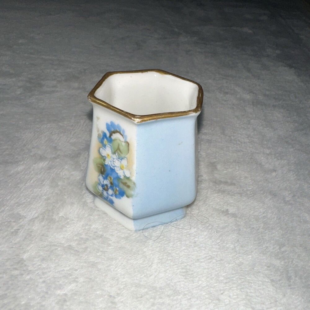 Vintage Miniature Porcelain Bud Vase Blue Floral Gold Trim Hexagon 2 In